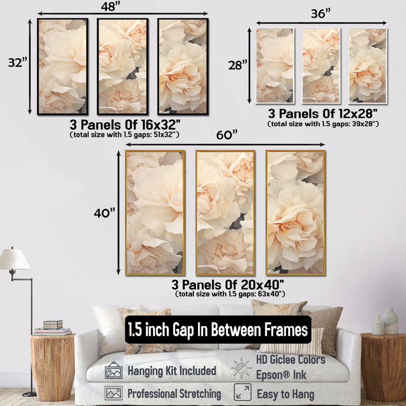 «Beige Carnations Arrangement V», ensemble d'art mural, Cadre naturel flottant, H 40 po x l 60 po x P 1 po