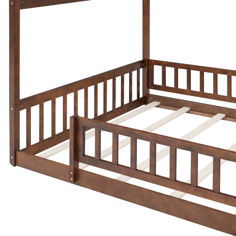 Full Size Teens Wood Bed Frame, Walnut, With Fence, Strong Pinewood Construction, Peaceful Resting House Frame For And Teens, Robust Pine Play Sleep Zone