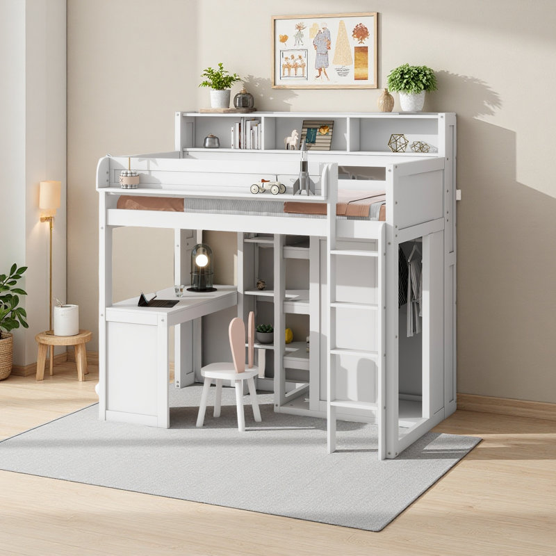 Lit mezzanine avec plusieurs tablettes de rangement et garde-robe, Blanc