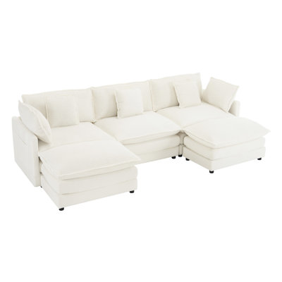Comfortable Beige Corduroy Living Room Couch With Movable Ottomans, Storage, And Seating Convenient A Long-lasting Fabric