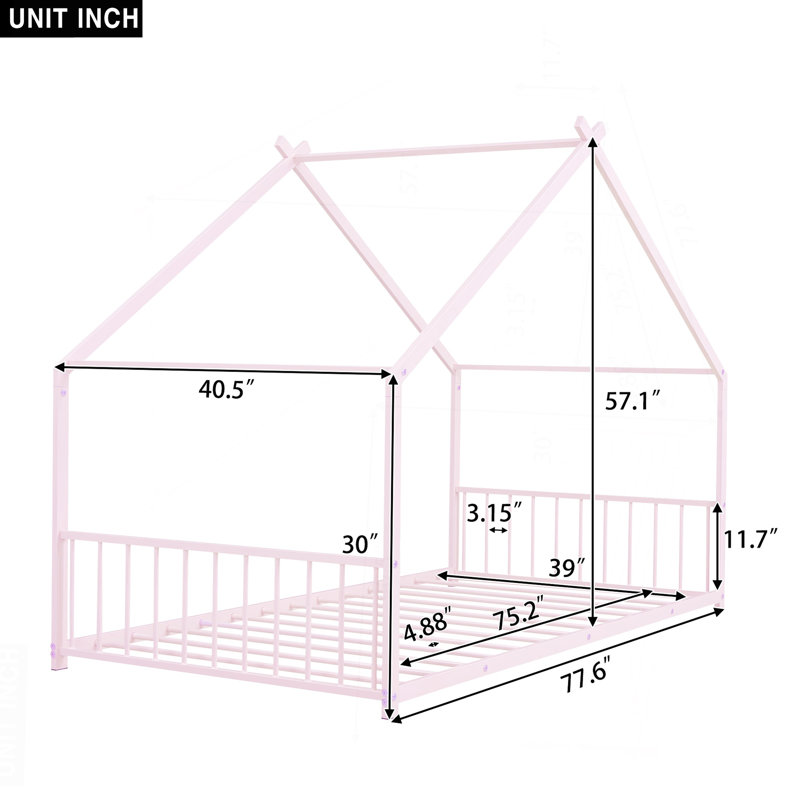 Twin Size Metal House Bed, Pink, Twin, Pink