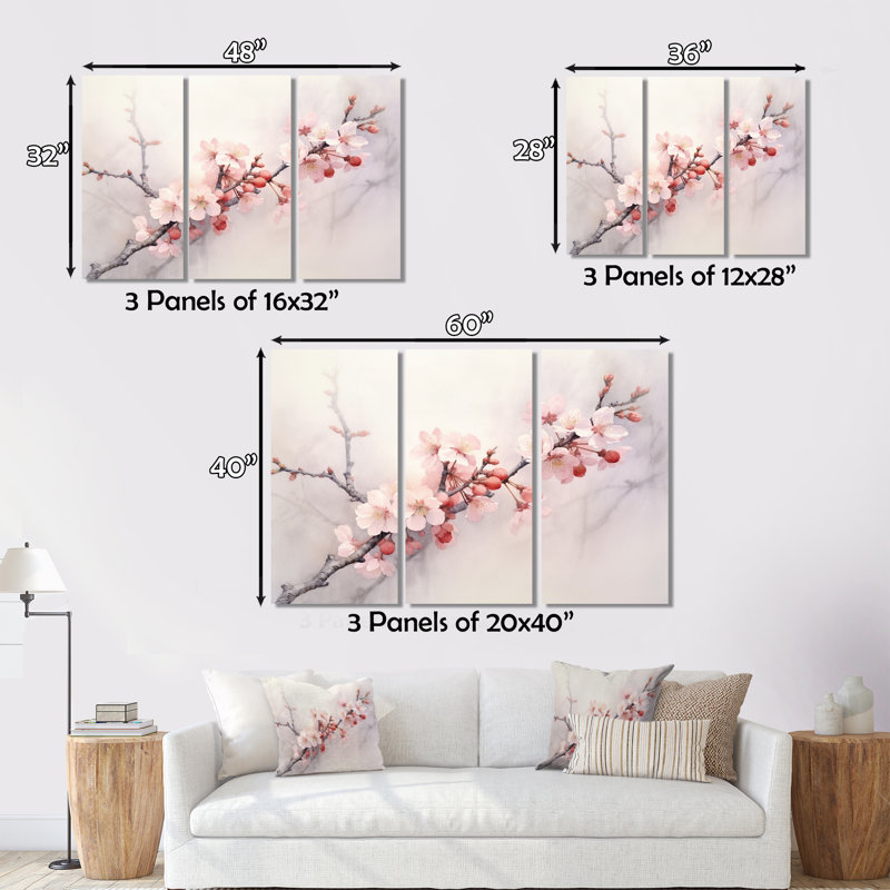 «Cherry Blossoms II» sur toile, 3 pièces, H 28 po x l 36 po x P 1 po