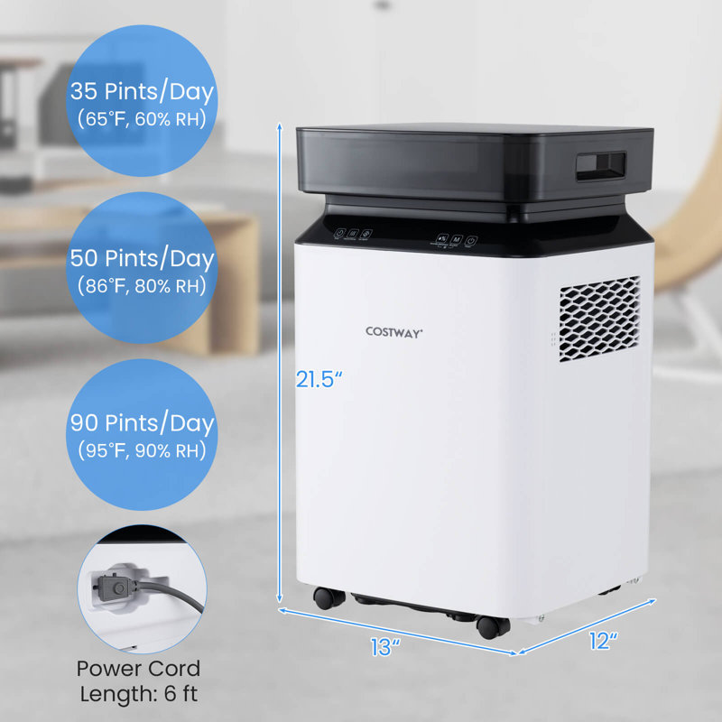 90 Pint Dehumidifier For Basement With Continuous & Auto Mode Large Water Tank
