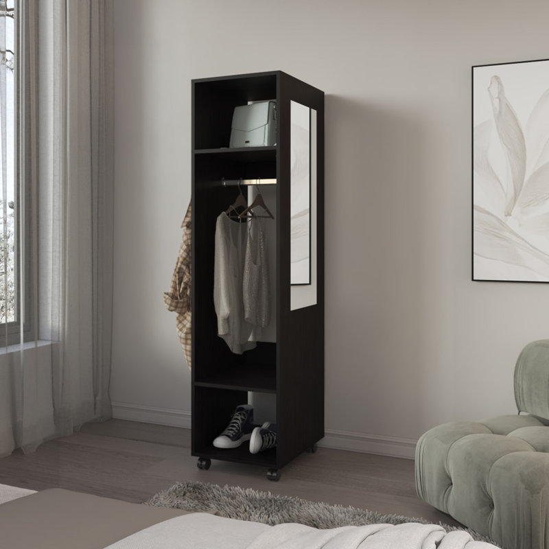Armoire 63"H, With 3 Shelves, 1 Mirror, And 4 Wheels, Black, Black