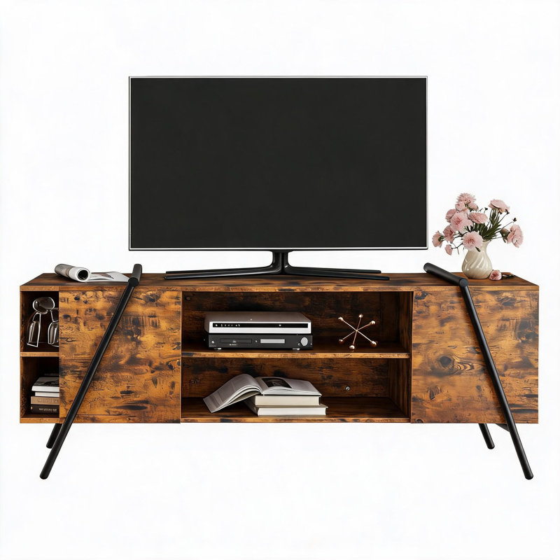 Meuble télé 55 pouces avec pieds en U et tablette centrale avec console média en bois et armoire de rangement ouverte pour le salon