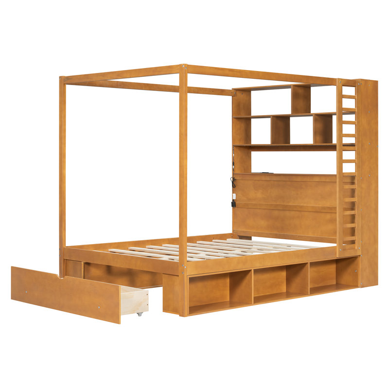 Lit à baldaquin en bois (taille standard) avec tête de lit bibliothèque, prises USB et éclairage DEL RVB intelligent, lit plateforme avec rangement sous le lit, tiroir au pied du lit et garde-robe réversible
