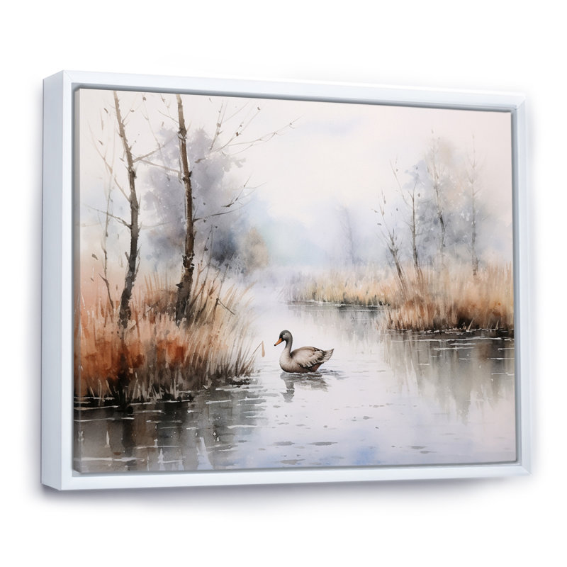 «Duck in the Misty Pond at Dawn», reproduction d'art, H 16 po x l 32 po, Cadre flottant blanc