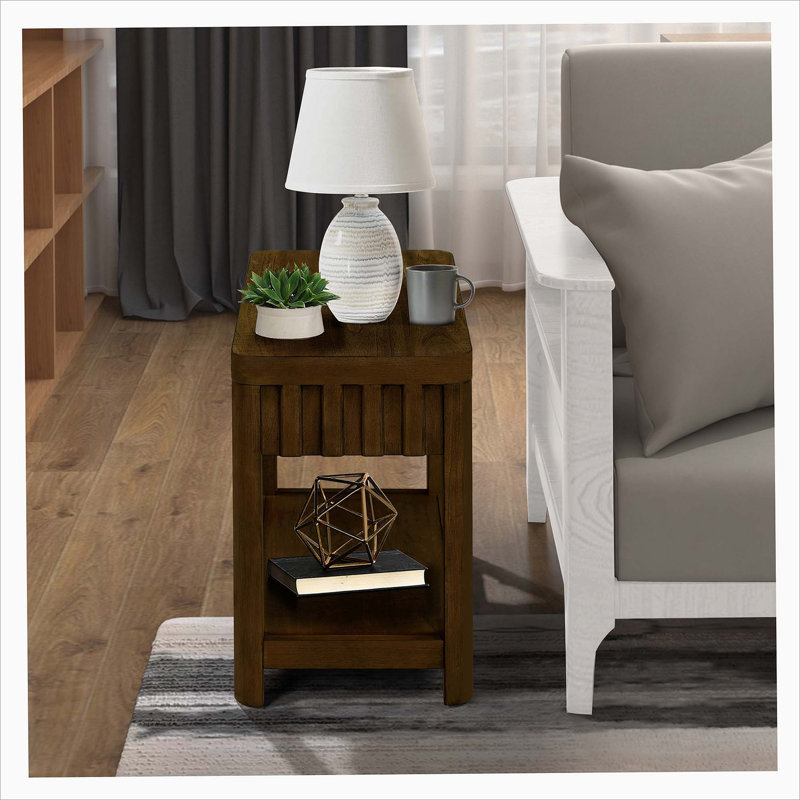 Rectangular End Table with Storage Shelf and Wood Legs, Dark Walnut