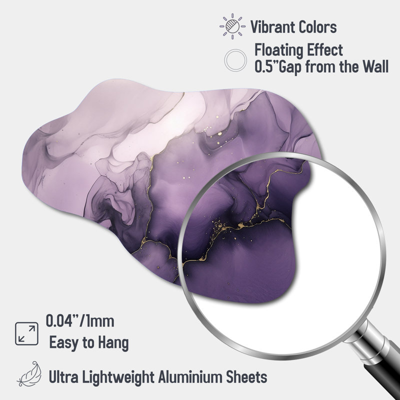 Encre de marbre mauve mauve et gris, impression de sculpture murale asymétrique en métal, H 25 po x l 28 po x P 1 po
