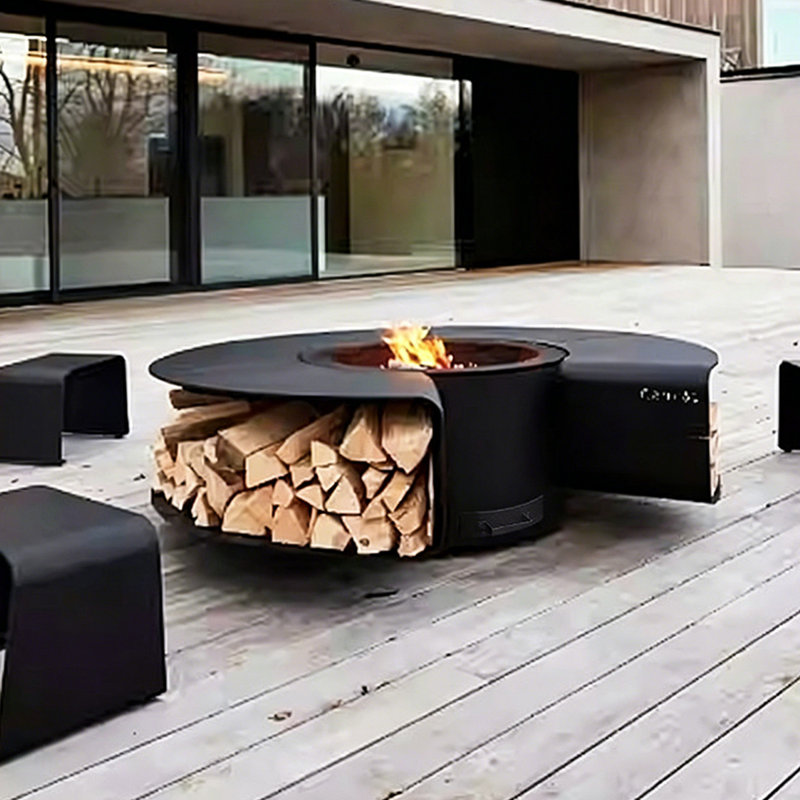 Table de foyer d'extérieur au feu de bois moderne en acier noir mat avec couvercle de gril de rangement intégré pour terrasse de patio, 47,24 po