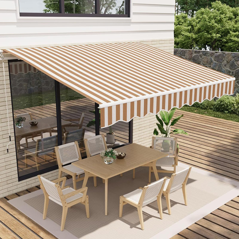 12' x 10' Manual Retractable Awning, Waterproof Patio Sun Shade with Aluminum Frame, 280 GSM Polyester Fabric, Adjustable Crank for Deck, Porch, or Balcony