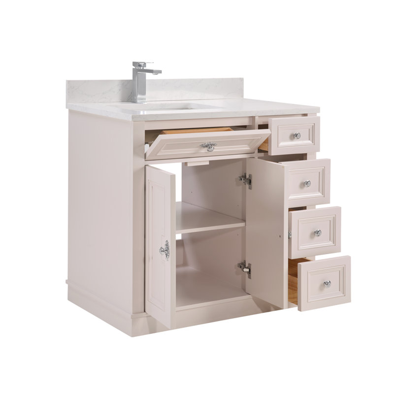 36" Solid Wood Sink Vanity  With 1' Artificial Stone Top, Polished Chrome, Dreamy White
