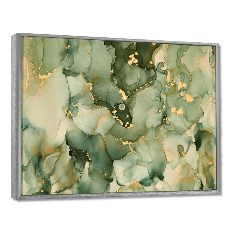 " Green Luxury Abstract Fluid Art I " by Designart, 12" H x 20" W, Floater Framed Print, Silver