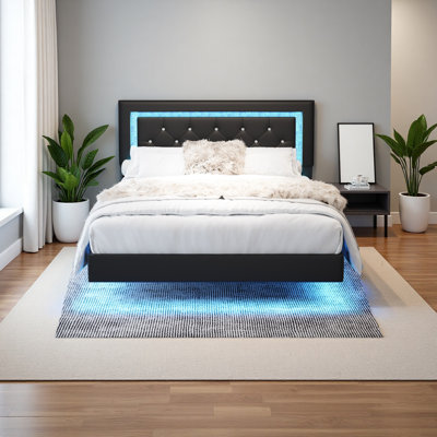 Cadre de lit avec tête de lit, cadre de lit flottant avec lumières DEL, lit plateforme tapissier avec tête de lit capitonnée Diamond, aucun sommier requis