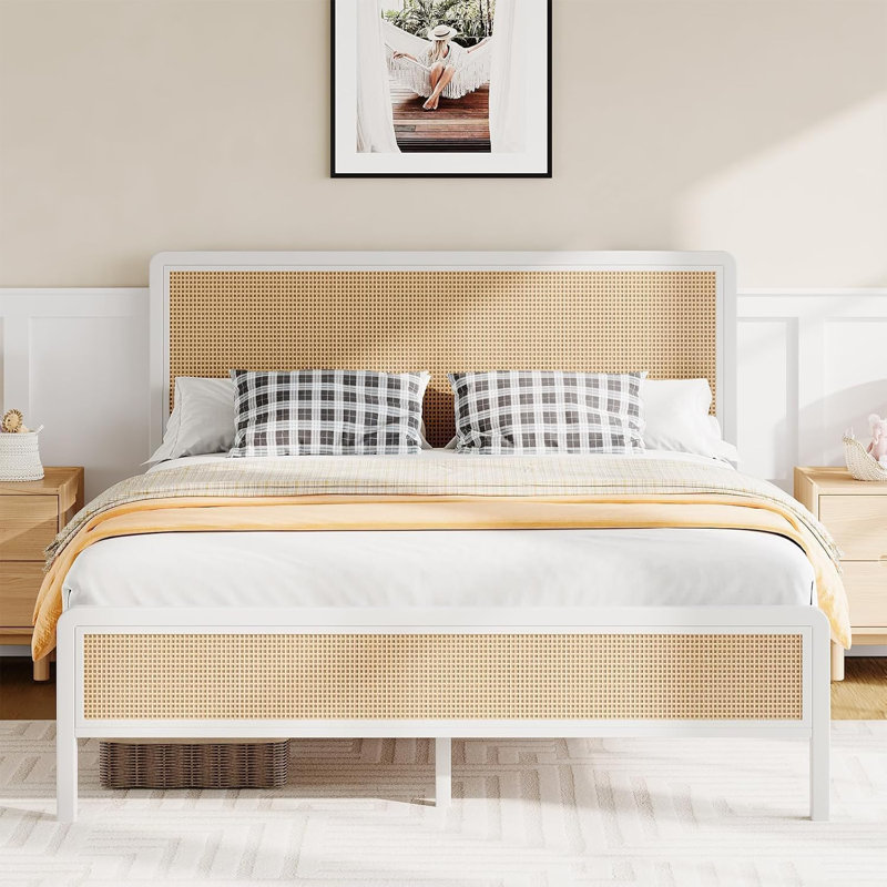 Metal Bed Frame with Rattan Headboard, Queen, White