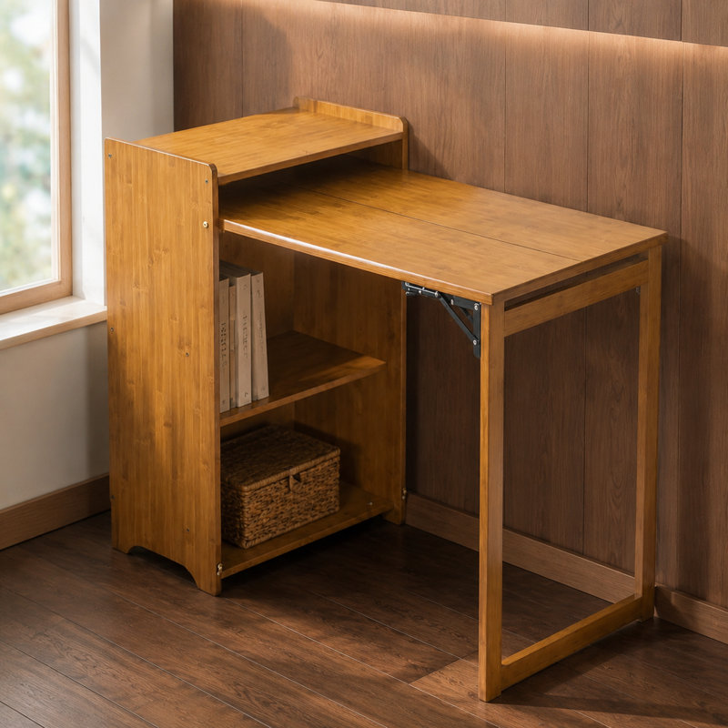 Space-Saving Bamboo Folding Desk Multi-Functional Foldable Workstation with Hidden Storage