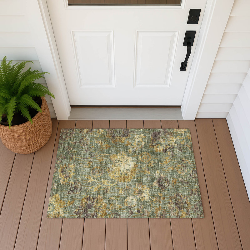 Machine Washable Indoor/Outdoor Chantille ACN2616 Floral Rug, 1'8" x 2'6", Olive
