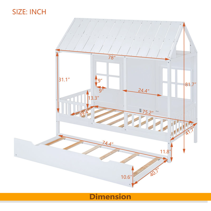 Lit en bois avec couchette Wood House, blanc, Lit simple
