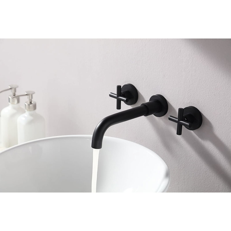 Double Handle Wall Mounted Bathroom Faucet Matte Black - Rust & Corrosion , Scratch Tarnish Spot Finish 1.5 Gpm Flow Rate 8'' Spout Height, 7'' Reach 3'' Centers Includes Deck Plate, Drain Assembly