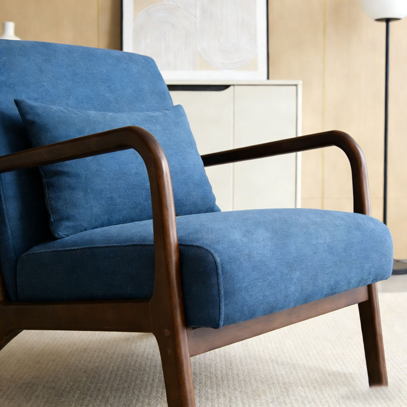 Chaise d'appoint moderne avec structure en bois, Lin de coton, Bleu