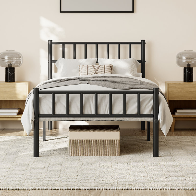 Minimalist Metal Bed Frame with Slatted Headboard, Single (3'), Black