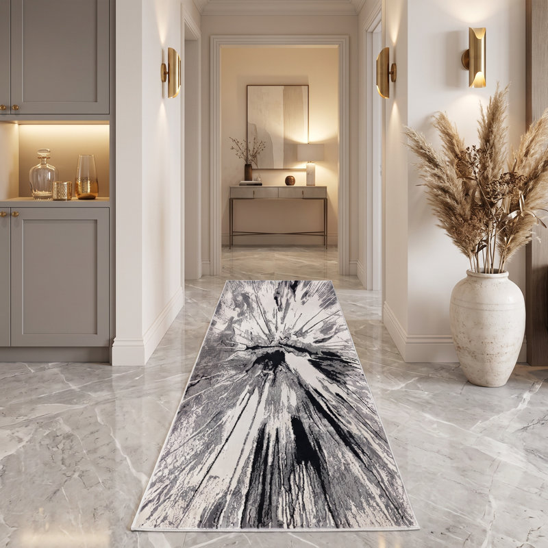Nevada Collection Abstract Burst Black and Grey Rug, Runner 2' x 8'