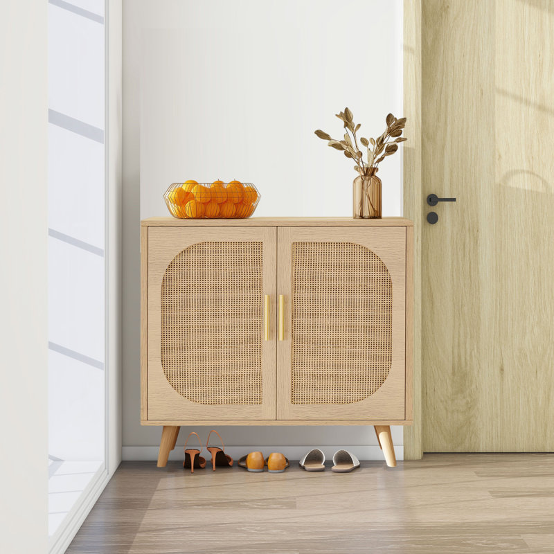 Armoire de rangement pour chaussures, avec deux portes et 4 compartiments de rangement, pieds en bois massif, Naturel