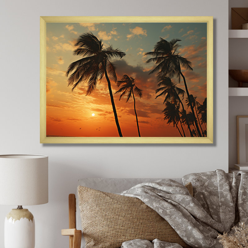 «Tropical Elegance Breeze Sunset» sur toile, H 16 po x l 32 po x P 1 po, Encadrement doré