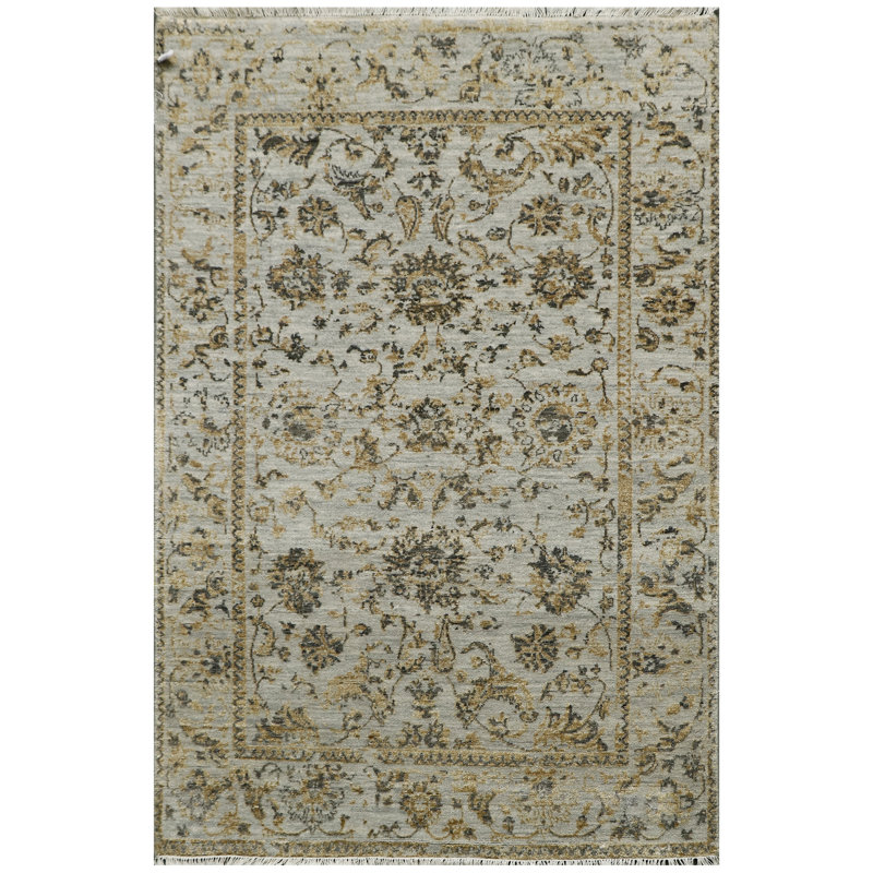 Tapis argenté et multicolore de haute qualité noué à la main