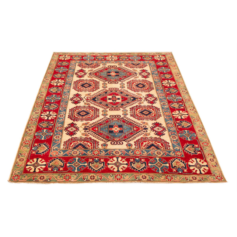 Tapis beige / rouge / bleu foncé noué à la main de conception unique 6 pi 7 po x 9 pi 4 po Ashfaq