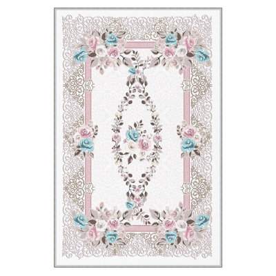 Rectangle Oriental Machine Woven 3'3"" x 4'11"" Polyester Area Rug in White/Pink/Blue -  East Urban Home, C1E86B55BF93426CB3950013C6B6A7AC