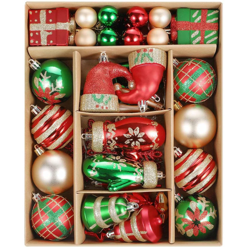 Ensemble de 55 décorations de Noël en forme de boule 55mm - Élégantes décorations suspendues en forme d'arbre de Noël incassable rouge, vert et or