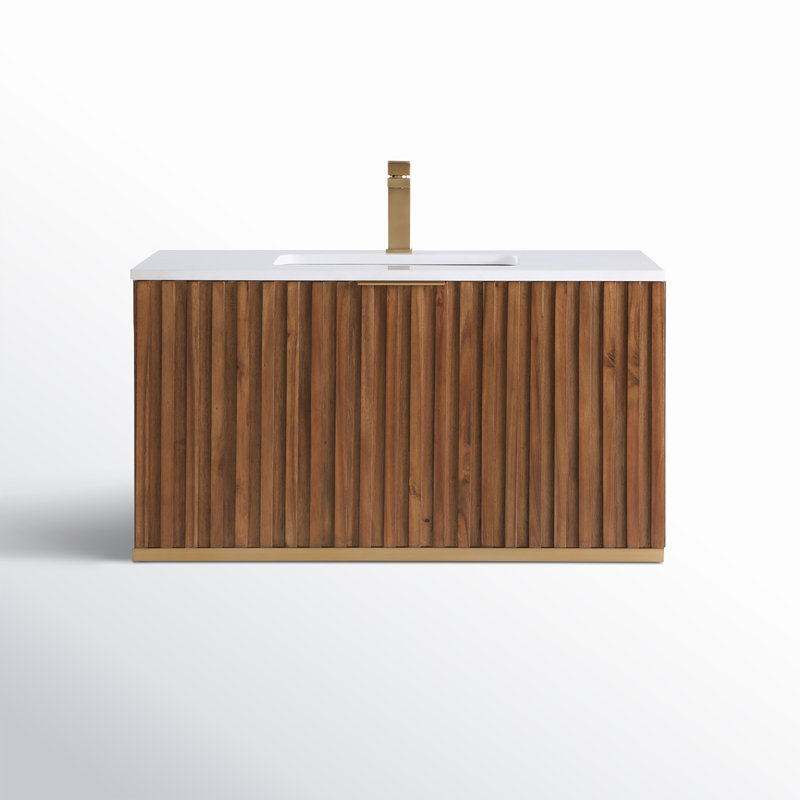Terra 36'' W Single Vanity, Walnut, White Granite, Satin Brass