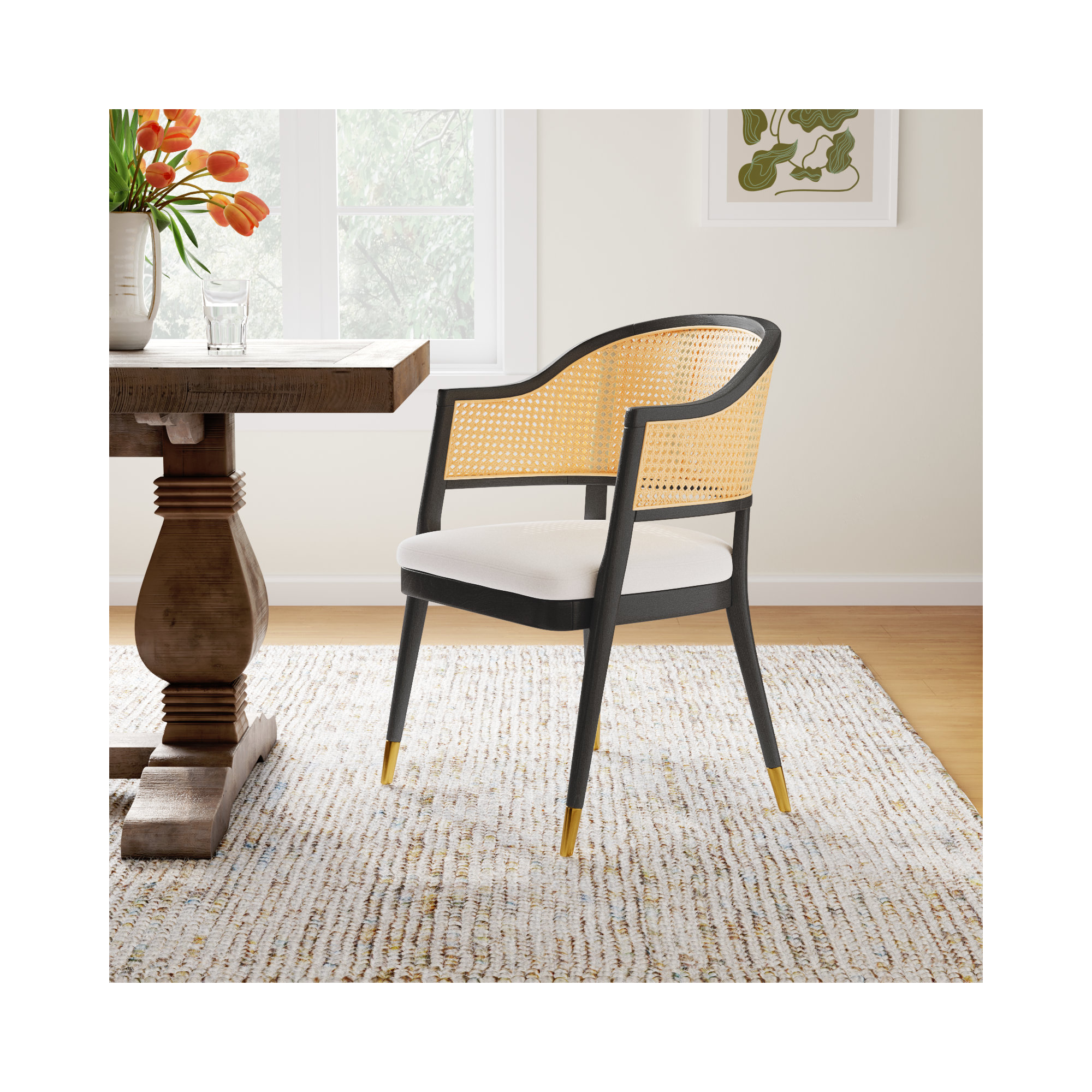 Godfrey Cane Back Arm Chair, Black/Natural