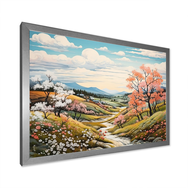 Paysage champêtre au printemps - reproduction sur toile, Cadre photo argenté, H 30 po x l 40 po x P 1,5 po