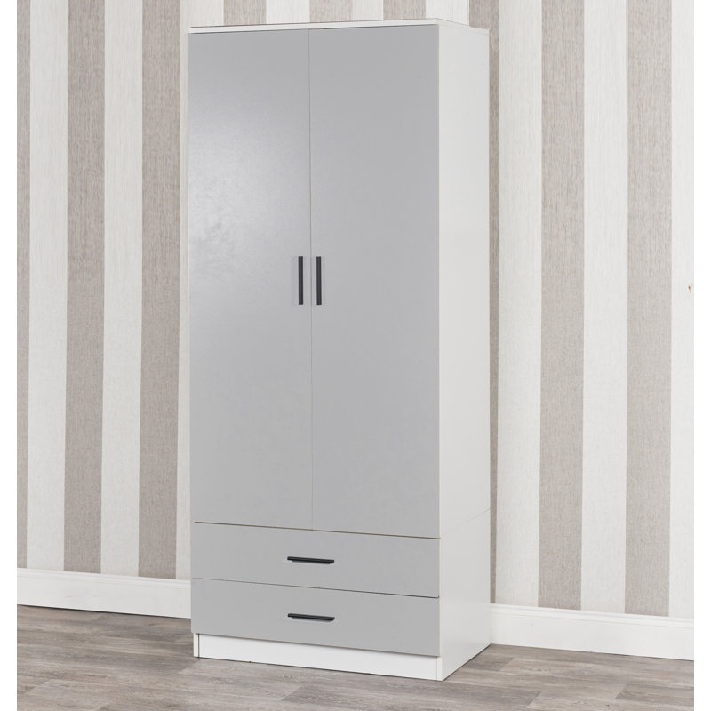 Gianpietro 2 Door Manufactured Wood Wardrobe, White Carcass/Grey Drawer