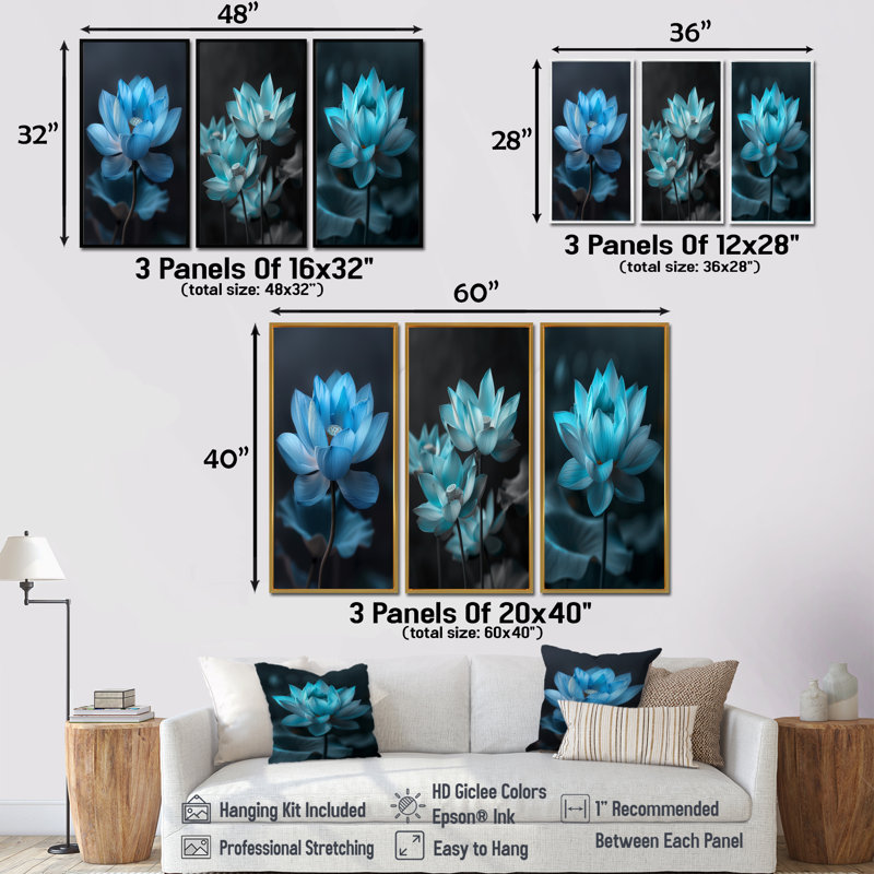 Bleu bleu, lotus rayonnants I - Collection d'art mural Lotus, H 32 po x l 48 po, Impression encadrée flottante, Blanc