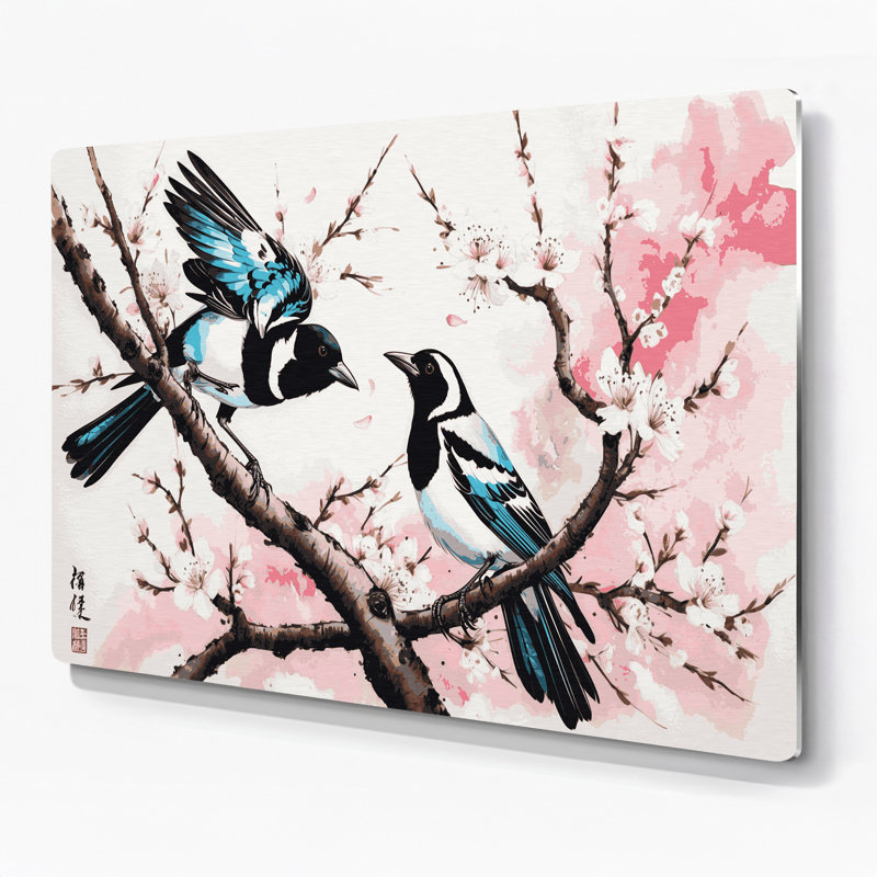 Oiseaux, art mural oriental gris, pie, H 16 po x l 20 po