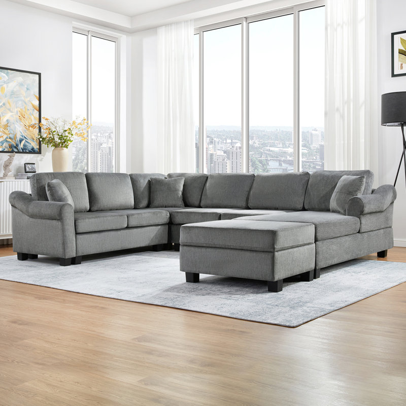 Canapé modulaire en U de style contemporain en chenille, Gris foncé