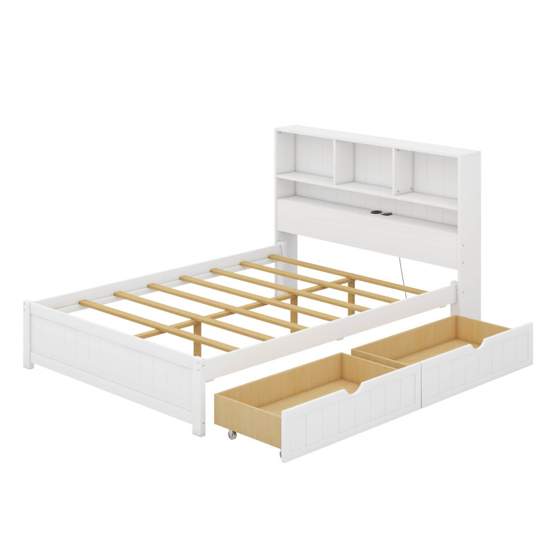 Lit plateforme en bois avec tête de lit bibliothèque, luminaire encastré, station de charge et 2 tiroirs latéraux, Double