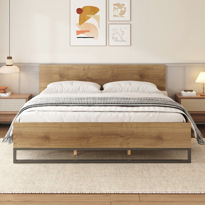 Engineered Wood Bed Frame Natural Wood & Black Accents Platform Bed, Modern Two-Tone Design, 650 lb Capacity