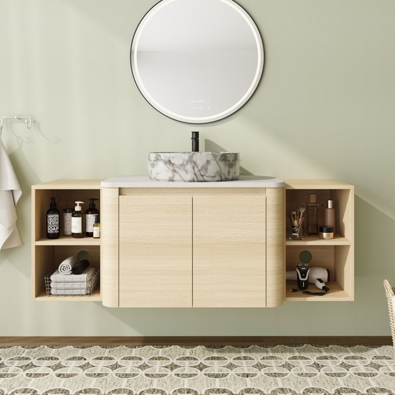 Meuble-lavabo simple mural 54 po avec plateau en pierre reconstituée et portes à fermeture en douceur 54 po
