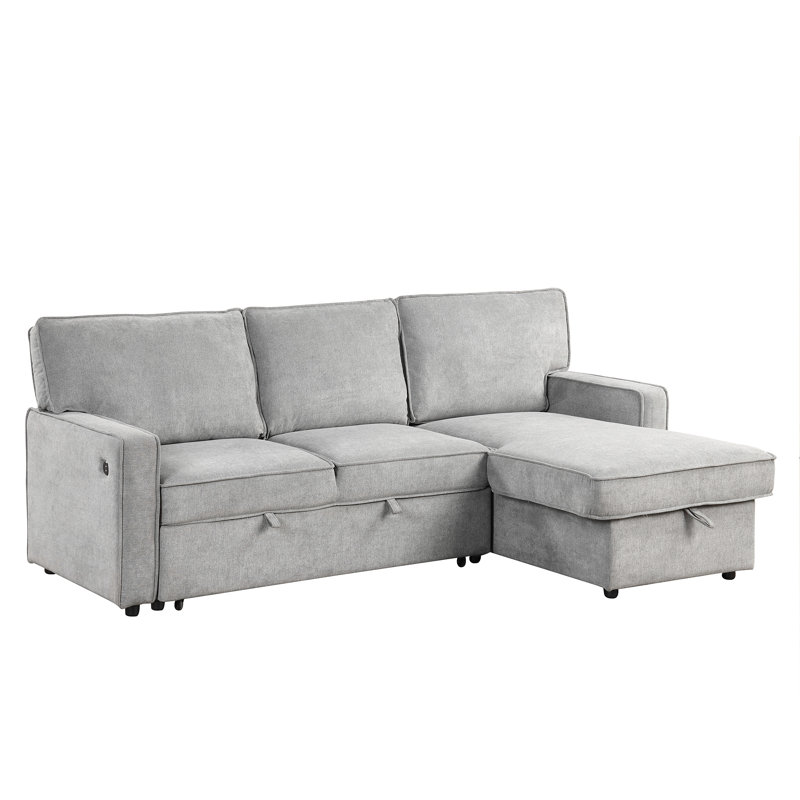 Upholstery Sleeper Sectional Sofa With Storage Space, Usb Port, 2 Cup Holders On Back Cushions, Gray Polyester