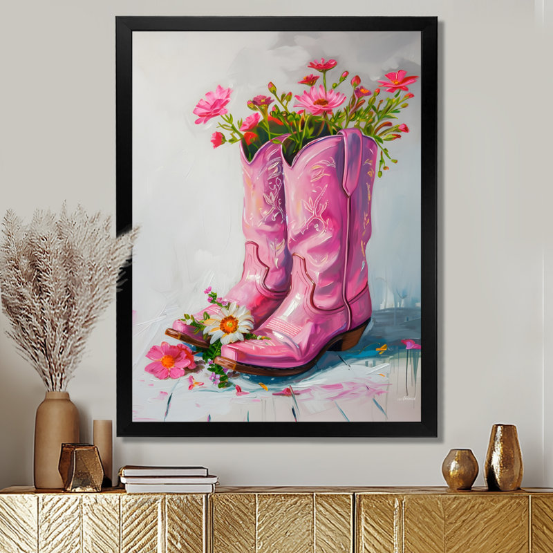 Fleurs roses, bottes de cow-boy, H 20 po x l 12 po x P 1 po, Toile encadrée noire simple