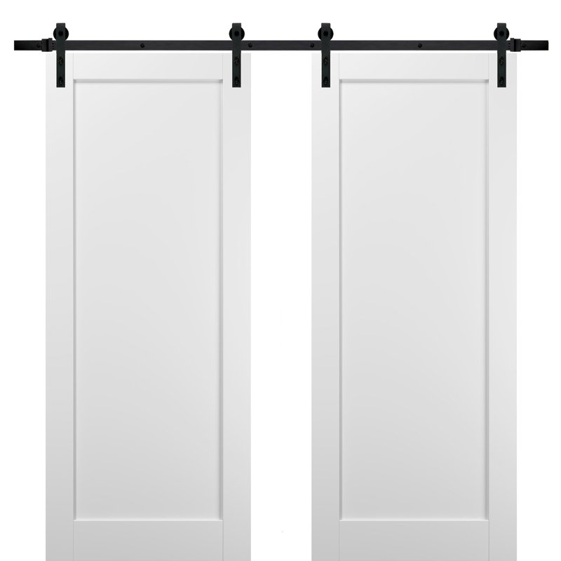 Portes doubles coulissantes de style grange avec quincaillerie Quadro 4111 Blanc Soie Rail de 13 pi Ensemble robuste Panneau en bois massif pour cuisine Intérieur Chambre Salle de bain - 56 po x 80 po (2 x 28 x 80)