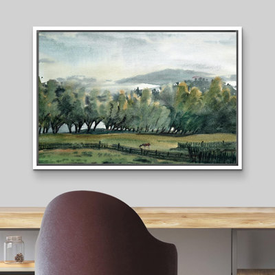Rustic Countryside " IDEA4WALL Framed Canvas Print Wall Art Forest Clearing in Green Valley Nature Wilderness Illustrations Fine Art Farmhouse/Country Decorative Rustic for Living Room, Bedroom, Office " Graphic Art Print