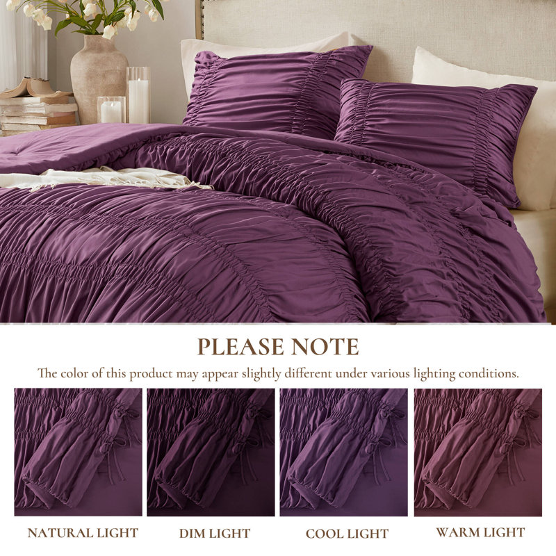 Mia Ultra-Soft Washed Microfiber Ruched Dreamy Comforter Set, Purple, King Comforter + 2 King Shams