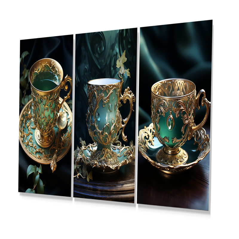 Sophisticated Elixir Tea Elegance - Drinkware Metal Wall Art Prints Set Of 3, 28" H x 36" W