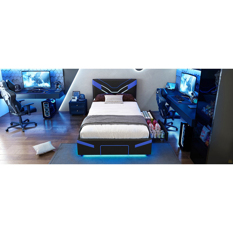 Twin Size Upholstered Gaming Bed Frame with LED Lights, PU Leather Platform Bed with Storage Shelf, 2 Steel Drawers, Blue