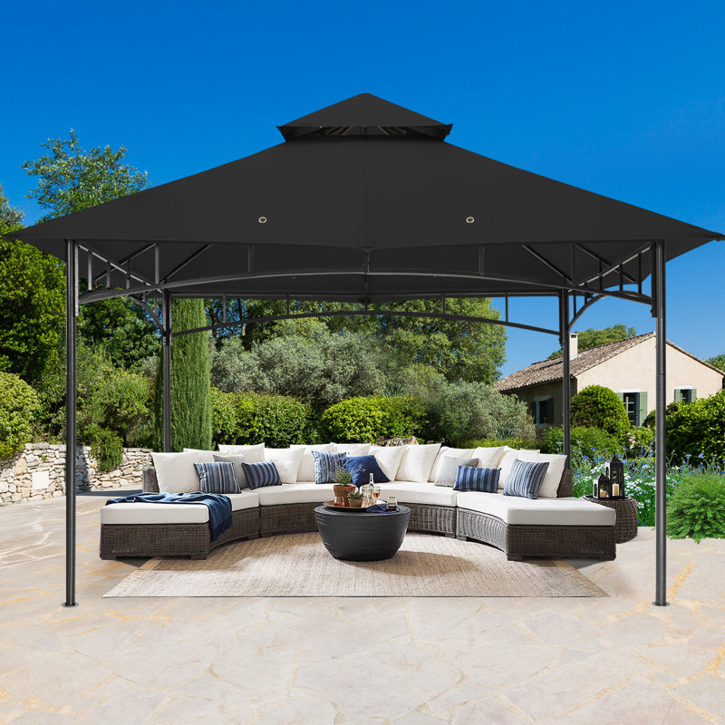 Black Steel Patio Gazebo with Polyester Roof, 9x9 ft